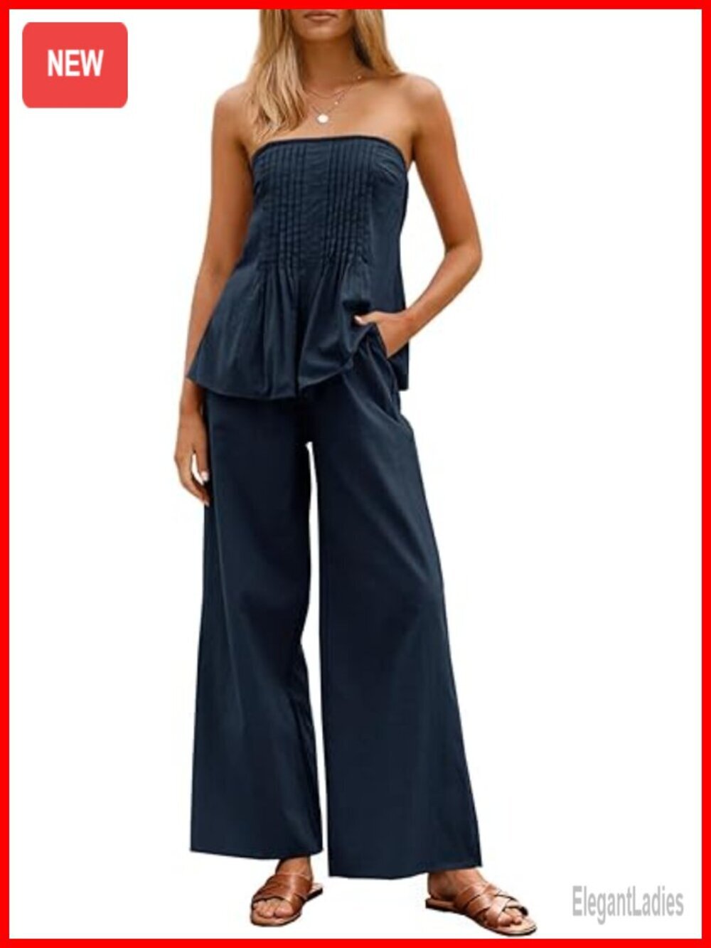 Strapless Tube Top Wide Leg Pants Matching Lounge Set 2 Piece